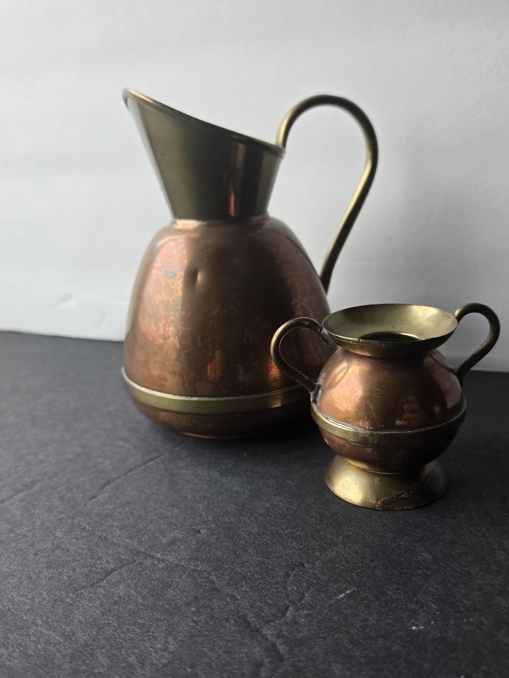 Vintage Peerage England Miniature Copper Brass Pitcher Jug Set 2pc Signed
